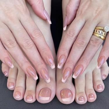 Imagem de Unhas postiças de pressão – unhas postiças de gel macio médio com cola, kit de 48 peças reutilizáveis de unhas de gel para mulheres, rosa claro para dedos e dedos
