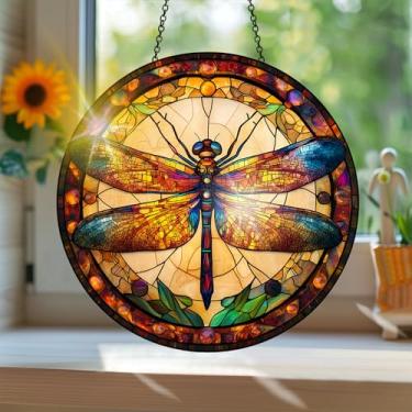 Imagem de Acrílico colorido Suncatcher, apanhador de sol estilo vitral impresso libélula com reflexos de arco-íris, decoração de janela suspensa, decoração de parede, ornamentos de Natal para uso interno e