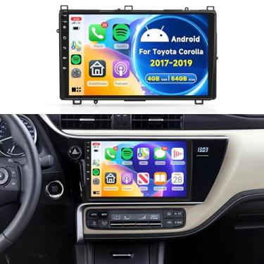 Imagem de Rádio veicular 4 núcleos 4G + 64 G para Toyota Corolla 2017 2018 2019, Android Car Stereo Wireless Carplay, Rimoody 23 cm, tela sensível ao toque, espelho, conexão GPS, Wi-Fi, Bluetooth, FM/RDS EQ-32
