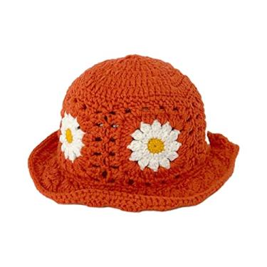 Imagem de YIFULIN Chapéu de crochê à prova de sol feminino primavera commute acampamento pescador com padrão de flores para namorada laranja