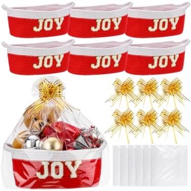 Imagem de Qinyoung Conjunto de 6 cestas de presente de Natal, conjunto de embrulho vazio, pequena cesta de corda de algodão com fita de saco de presente, organizador de armazenamento de tecido de 30 x 20 x 12