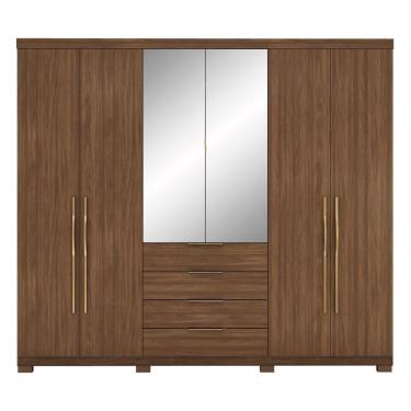 Imagem de Guarda Roupa Casal Giardino 6 Portas 4 Gavetas Nogueira Touch Com Espelho E Pés - Demóbile Nogueira Touch