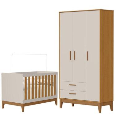 Imagem de Guarda Roupa Infantil Flip 3 Portas Com Berço Americano Flip Areia Acetinado Savana - Reller