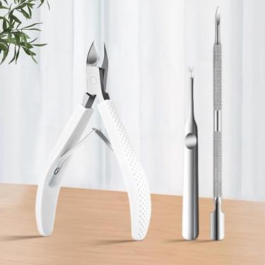 Imagem de Alicate e cortador de cutículas com alça de silicone com empurrador de cutícula, ferramenta de remoção de aço inoxidável para cuidados com as unhas, itens essenciais para manicure e pedicure