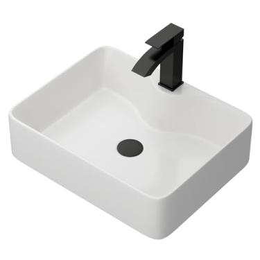 Imagem de Yurshen Pia de banheiro, pia de vaso branca de 48 x 38 cm acima do balcão pia de cerâmica pia de porcelana com acessórios pretos