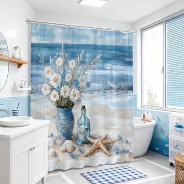 Imagem de JONSEQIN Cortina de chuveiro floral de praia, paisagem costeira, litoral, margarida em garrafa de vidro, pintura a óleo, azul, oceano, estrela-do-mar, concha, náutico, onda, mar, decoração de banheiro