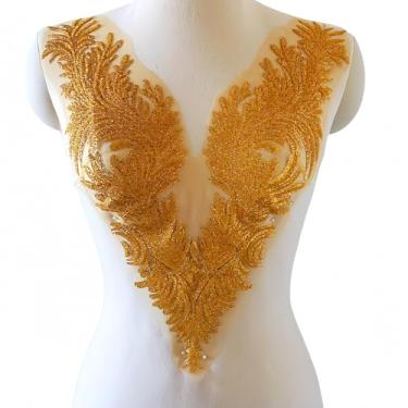 Imagem de Apliques de contas decorativas para roupas, ornamentos frontais com pequenos grânulos colados, tecido de lantejoulas, costurado, vestidos de casamento, vestido de formatura, designer de bricolage