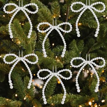 Imagem de FYSUIMU 24 peças de enfeites de laço de pérola de Natal, pingentes pendurados com laço de pérola branca para Natal, aniversário, chá de bebê, decoração de festa de casamento