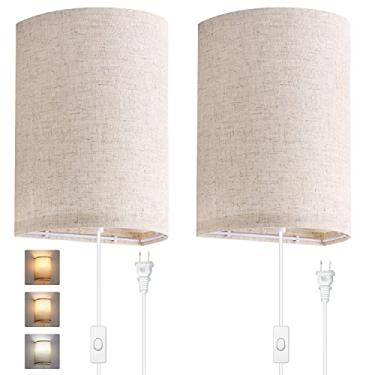 Imagem de AVV Conjunto de dois arandelas de parede, conecte a arandela de parede 3 cores Temperatura 2700K 4000K 5000K, lâmpada de parede com cabo de entrada e interruptor liga/desliga, sombra de linho de tecido, não é necessário fiar, luzes de parede para quarto