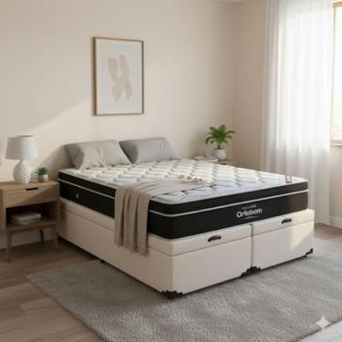 Imagem de Cama Box Baú King Size Bipartido Suede + Colchão de Molas Ensacadas Elegant - 1.92x2.03 (Bege)