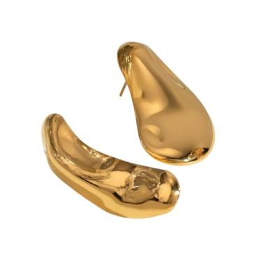 Imagem de Brinco feminino 2026 banhado a Pvd 18 K, assimétrico, lentilha côncava, martelo de grão de aço inoxidável, brincos de argola modernos, presente elegante para uso diário ou eventos especiais