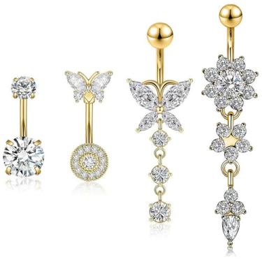Imagem de Niaspi 4 peças de anéis de umbigo com pingente de zircônia cúbica de aço inoxidável 14G para mulheres com flor cintilante, borboleta, diamante redondo, piercing de umbigo, piercing de 9,5 cm (ouro)