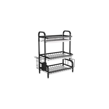 Imagem de Escorredor de Louças 3 Andares, Metal e Plástico, Preto, 61 cm x 42 cm x 23,5 cm, com Porta-talheres Removível, Design Moderno para Cozinha