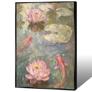 Imagem de KOEUIRW Arte de parede em tela de peixe Koi vintage tradicional chinês rosa pôsteres Feng Shui carpa da sorte folhas de flor de lótus pinturas para sala de estar quarto dormitório decoração de parede