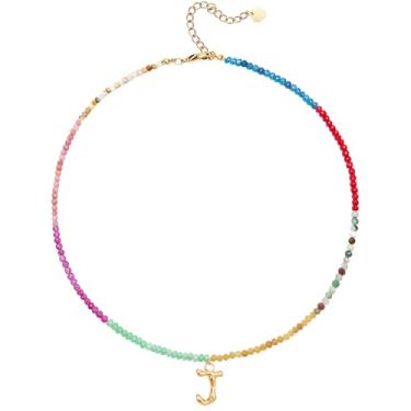 Imagem de MEVOME Colar feminino com contas com inicial de pedras, semipreciosas, boho, pedra semipreciosa, banhado a ouro 18 K, arco-íris, colorido, moderno, alfabeto, gargantilha delicada, joia feminina para