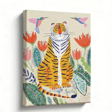Imagem de Arte vibrante em tela de tigre - 20 x 25 cm, arte de tigre colorida e arrojada com pássaros e flores para quarto, sala de estar e decoração de escritório