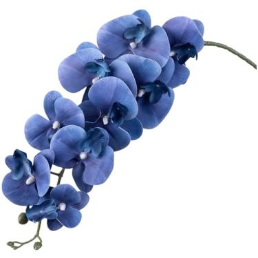 Imagem de Orquídea sintética de toque real de 94 cm de baixa manutenção, 9 flores, haste única, 2 peças de spray artificial para decoração de casa, casamento, escritório (azul escuro)
