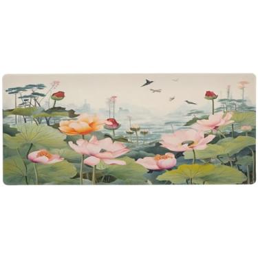 Imagem de Wassud Mouse pad de pintura de flores de lótus para jogos com base de borracha antiderrapante, mouse pad longo para teclado de computador com borda costurada, almofada grande à prova d'água para
