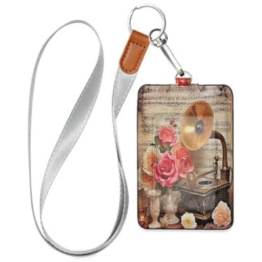Imagem de Wassud Cordões vintage de couro PU de gramofone e rosas para crachás de identificação, porta-nomes, porta-chaves, porta-crachás, cartões de crédito para escritórios, funcionários, estudantes