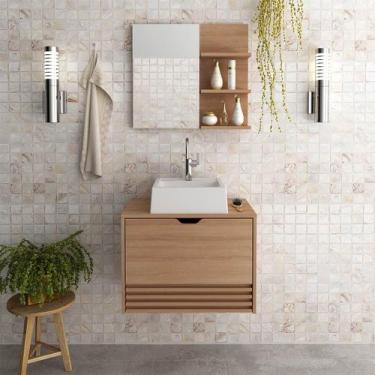 Imagem de Kit Gabinete de Banheiro Suspenso com Cuba e Espelheira Nicho Amêndoa 
