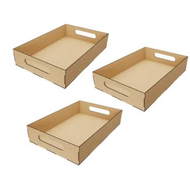 Imagem de Kit com 3 Bandejas MDF Cru 30x20x6 para Decoração de Festa, Cestas Café da Manhã, Presente – Coração, Estrela, Te Amo, Feliz Aniversário e Lisa ()