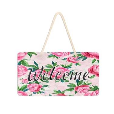 Imagem de Burbuja Placa de boas-vindas de flores rosa para porta da frente, placa de boas-vindas de PVC para decoração de férias de casa de fazenda, 15 x 28 cm