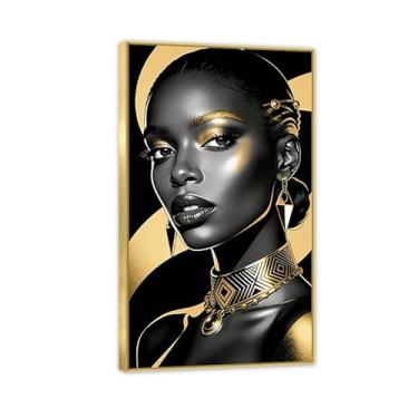 Imagem de Pôster feminino preto menina afro-americana, pintura em tela dourada e negra, arte de parede, decoração de retrato feminino, sala de estar, quarto, banheiro, 50 x 85 cm (20 x 33 pol), moldura dourada