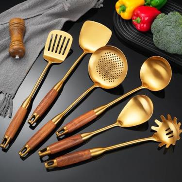 Imagem de NIITAWH Conjunto de utensílios de cozinha dourados com cabo de madeira, conjunto profissional de 6 peças de utensílios de cozinha de aço inoxidável, espátula wok, concha, escumadeira, espátula com