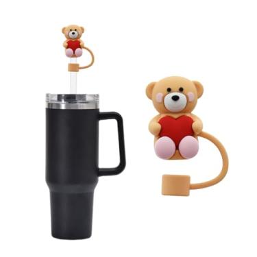 Imagem de 1 peça 10 mm caqui urso fofo capa de silicone capa de palha para copo Stanley, topo de palha compatível com copo de 30 e 1,134 g com alça de 1 cm tampas de pontas de palha