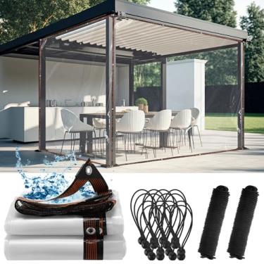 Imagem de Windyun Pacote com 2 lonas transparentes resistentes com borda reforçada lona de plástico impermeável cobertura de estufa pátio com corda elástica e corda de nylon para móveis de jardim (2,4 x 6 m)
