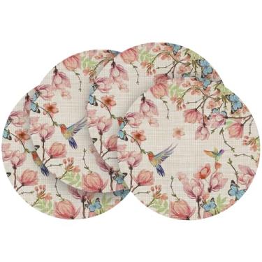 Imagem de Artoid Mode Conjunto de 4 jogos americanos redondos de borboleta, flores de pássaros, 38 cm, tecido de plástico, limpável, antiderrapante, PVC, para decoração de festa, cozinha, jantar