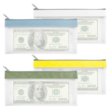 Imagem de Sacos de dinheiro com zíper, 4 envelopes transparentes reutilizáveis para dinheiro, sacos de depósito bancário, bolsa multiuso de 4 cores, bolsa de moedas de Natal para cosméticos, faturas, contas
