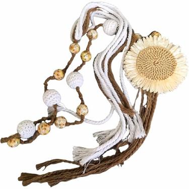 Imagem de Guirlanda de contas boho feita à mão com girassol e borlas tecidas – branco e marrom café para amarrar cortinas, centro de mesa ou prateleira – presente para inauguração de casa, anfitriã ou ela
