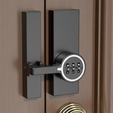 Imagem de Wocoe Fechadura de porta de celeiro preta (luminosa) de 180 graus, fechadura mecânica com senha, senha de 3 dígitos sem chave, trava dobrável com combinação, protege a privacidade, para quartos