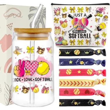 Imagem de INCOK Conjunto de presentes de softbol para ela, 3 peças, presente para amantes de softball, com copo de vidro de 473 ml, bolsa de maquiagem para cabelo esportivo, elásticos de cabelo, ideias de