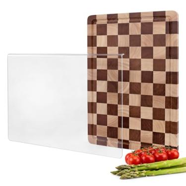 Imagem de Conjunto de tábua de corte quadriculada e acrílica, 2 peças de tábuas de corte para cozinha, tábua de corte de grão de madeira maciça com ranhura de suco, cabo e placa de acrílico com borda de balcão