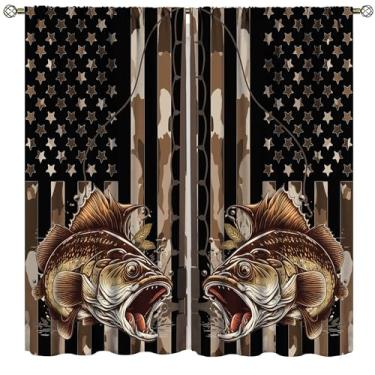 Imagem de Cortinas de pesca, vintage, rústico, robalo, marrom, estampa da bandeira americana, cortinas para quarto, sala de estar, cozinha, tratamento de janela, conjunto com 2 painéis, tamanho total 160 cm L x