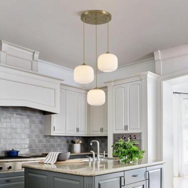 Imagem de Lustre de vidro branco leitoso para teto, luminária pendente para ilha de cozinha, luminária suspensa dourada de meados do século, luminária moderna em formato de esfera estilo nórdico, lumi