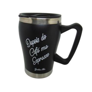 Imagem de Golden Rio Caneca Térmica de Aço Inox, Preta com Frase de Café, Tampa com Vedação em Silicone, 320ml, 12cm x 6,4cm