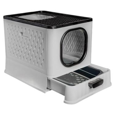 Imagem de Caixa de Areia Fechada para Gatos Luxo com Porta Transparente, Gaveta Removível, Pá e 2 Comedouros – Banheiro Higiênico Anti-Sujeira(SB LUXO + PENEIRA - CINZA)