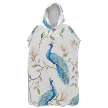 Imagem de Joisal Poncho de surfe branco pavão azul para mudança de roupão adulto de secagem rápida poncho masculino com capuz toalha floral