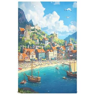 Imagem de Conjunto de panos de prato coloridos, decoração de cozinha, linda estampa de cidade costeira, toalhas de chá, panos de prato finos de secagem rápida, 45 x 71 cm, pacote com 6