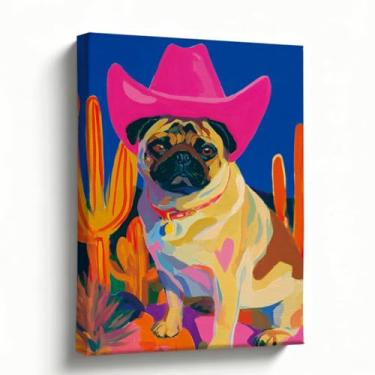 Imagem de Arte de parede de decoração ocidental, tela de cachorro caubói, pintura pop art pug brilhante para banheiro, decoração de casa colorida divertida, presente para amantes de animais de estimação