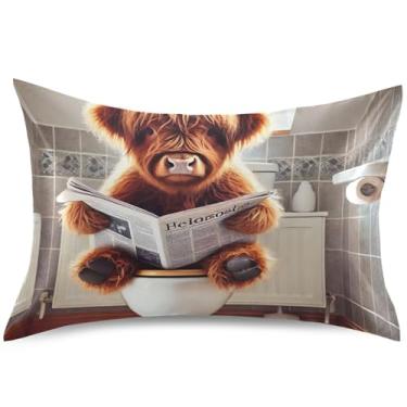 Imagem de Capas de almofada engraçadas de cetim de vaca Highland para resfriamento de cabelo capas de travesseiro padrão King Queen padrão presentes modernos para cama, tamanho Queen, 76 cm x 50 cm