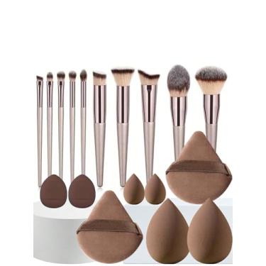 Imagem de Conjunto de pincéis de maquiagem champanhe, 10 peças, base sintética premium, corretivos, sombras, blush, pincéis de maquiagem com 8 peças de pó e esponjas