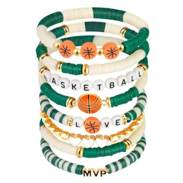 Imagem de AKAIXI Pulseiras elásticas para o dia do jogo de basquete, pulseira de contas de argila branca verde e creme, acessórios de joias esportivas empilháveis da amizade para amantes de basquete, jogadores