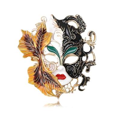 Imagem de RLHRNDE Broche de máscara de carnaval para mulheres homens moda requintada máscara mágica colorida broche personalizado esmalte gotejamento broche elegante vestido casaco pin decoração casamento