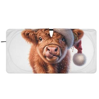Imagem de Guarda-sol de carro personalizado de vaca Highland bonito de Natal para para-brisa bonito dobrável caminhão carro janela persianas guarda-chuva de para-brisa frontal, 76,2 cm x 149,9 cm