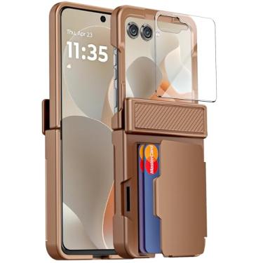 Imagem de oupeigar Capa para Motorola Razr 2025/Razr 2024 com suporte para cartão bloqueio RFID, proteção de dobradiça embutida, protetor de tela, capa de telefone robusta à prova de choque para Razr 2025/2024