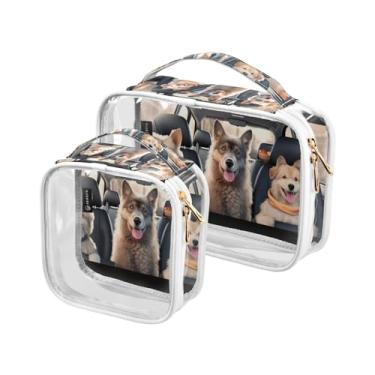 Imagem de GAIGEO Conjunto de bolsa cosmética transparente de baleia marinha com textura retrô, bolsa de viagem para cuidados com a pele, acessórios de viagem cosméticos, pacote com 2, Três cães no carro, one